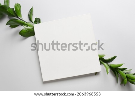 Blank poster and plant branches on light background
