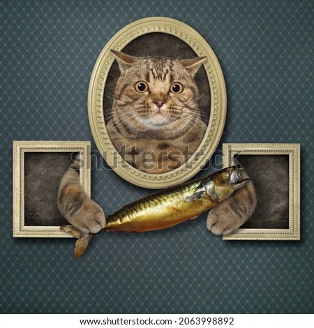 A beige cat leans out of a picture and holds a smoked fish in an art gallery.