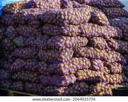 Sacks of potatoes. Stock of vegetables for the winter. Wholesales of potatoes. Wholesale market business selling food. Potato harvest.