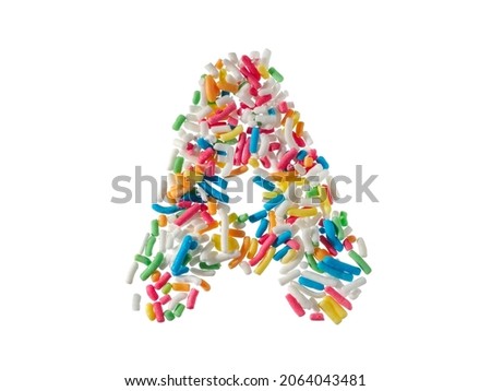 Multi color sugar sprinkles letter A on white background
