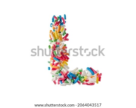 Multi color sugar sprinkles letter L on white background Royalty-Free Stock Photo #2064043517