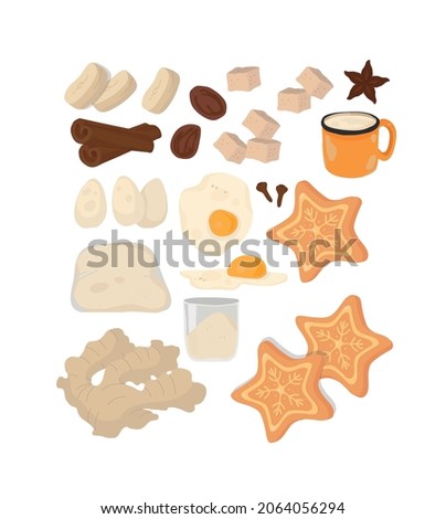 Ingredients for ginger cookies. Spices, ginger, cinnamon, nutmeg. Milk, eggs, flour, sugar, dough. Isolated vector colorful element on a white background. 