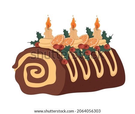 Christmas log roll. Holly, ilex. 
Candle. Party, celebration, Christmas, New Year. Isolated vector colorful element on a white background. 
