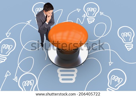 Thinking businessman touching his chin against purple graphic background