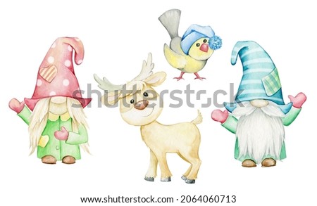 Scandinavian gnomes, reindeer, tit. Christmas set, heroes, in cartoon style, painted in watercolor