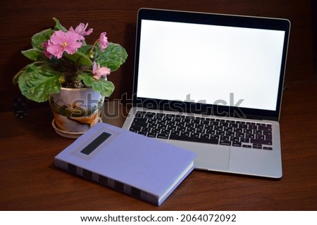 Still life with laptop, book and flower