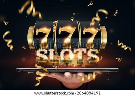 Online casino, smartphone with slot machine with jackpot and gold coins. Online Slots, Lucky Seven 777, Dark Gold Style. Luck concept, gambling, jackpot, banner
