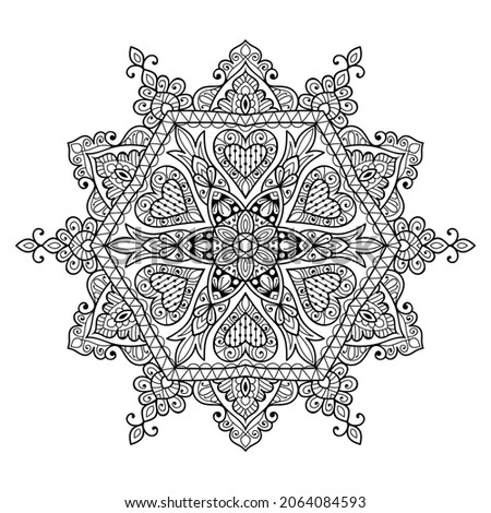 Ornamental rounded mandala zen tangle design colouring book page for adults vector illustration template Vintage, pattern, decorative, elements, Henna, Mehndi.