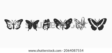 Hand drawn vector abstract stock flat graphic illustrations collection set bundle with logo elements,bohemian magic line silhouette art of mystic flying butterfly and moth,feminine simple style.