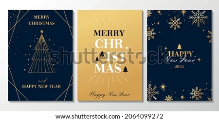 Merry Christmas elegant greeting card set. Navy and gold New Year backgrounds for social media with linear snowflakes, gifts, Christmas tree. Trendy luxury Xmas design vector illustration.