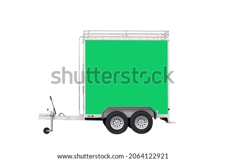 trailer food truck with green mock up isolate on white background, mobile shop with green mock up sign.