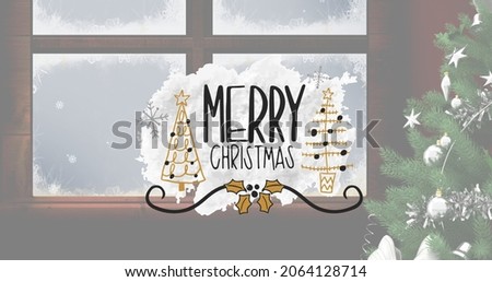 Composition of merry christmas text over christmas tree and window. christmas, winter, tradition and celebration concept digitally generated image.