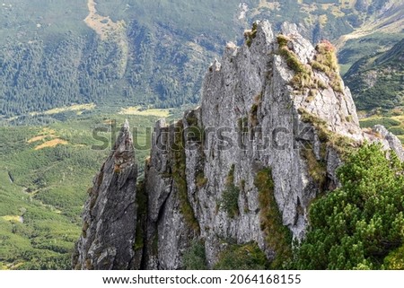 Sharp rock in the mountains against the background of mountain slopes with a spruce forest and a river Royalty-Free Stock Photo #2064168155
