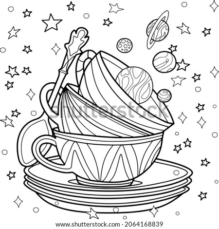 Coloring antistress page for adults and children. Tea cups with saucers and a spoon, space around	 Royalty-Free Stock Photo #2064168839