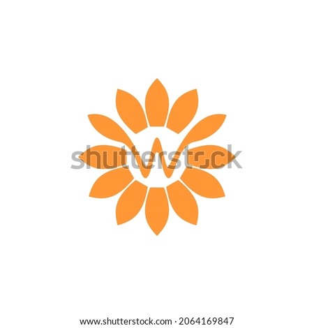Letter W logo with sun flower shape. Initial W sunflower flat simple logo. Flower icon for farm, company, beauty, flourish and brand identity
