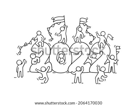 2022 Happy New Year background. Cartoon doodle illustration with liitle people prepare to celebration. Hand drawn vector illustration.