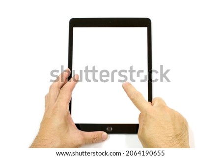 Man hand with black tablet on white background, isolated.