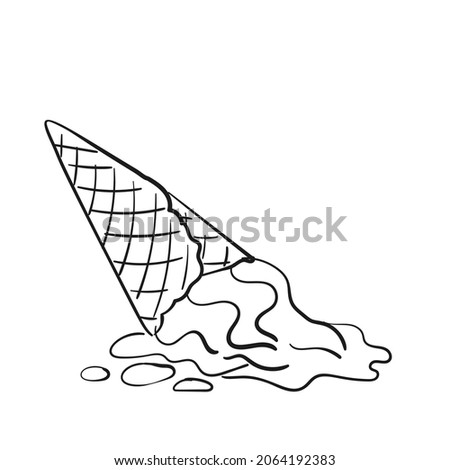 Dropped ice cream doodle, Black line soft icecream in waffle cone clipart on white background, Vector illustration