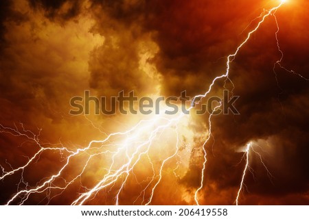 Apocalyptic dramatic background - bright lightnings in dark red stormy sky, judgment day, armageddon