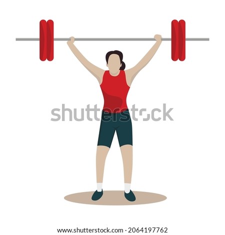 A weightlifting athlete wearing a red and black jersey. A female weightlifter lifting and stand up straight. Royalty-Free Stock Photo #2064197762