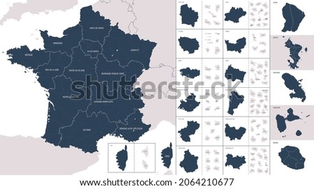 Vector detailed map of megalopolises and overseas territories of France with the administrative divisions of the country, each region is presented separately, detailed and divided into departments Royalty-Free Stock Photo #2064210677
