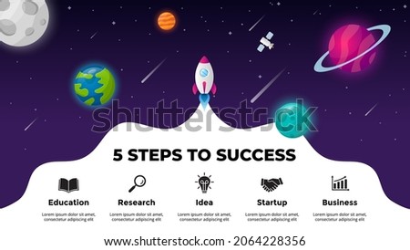 Universe background. Startup vector Infographic. Rocket launch into space. Presentation slide template. Business success diagram chart. 5 steps. Royalty-Free Stock Photo #2064228356
