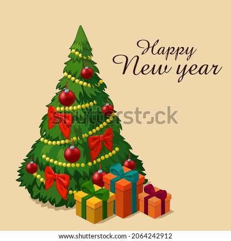 New Year vector illustration with christmas tree and gifts.