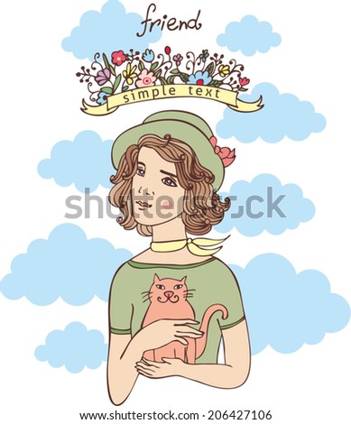 pretty woman, girl holding a cat in her arms