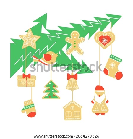 Green branch of christmas tree with christmas cookies and gingerbread. Flat Art Vector Illustration