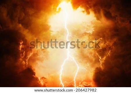 Apocalyptic dramatic background - bright lightning in dark red stormy sky, judgment day Royalty-Free Stock Photo #206427982