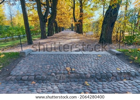 wide stone and dirt path in an autumn park in the suburbs of St. Petersburg, Russia
