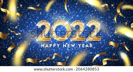 2022 Gold Shining numbers and gold color confetti. Happy New Year greeting card. Vector illustration
