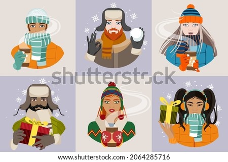 Avatars of men and women in winter jackets and hats are holding hot drinks or Christmas gifts. Winter avatars. Flat vector illustration.