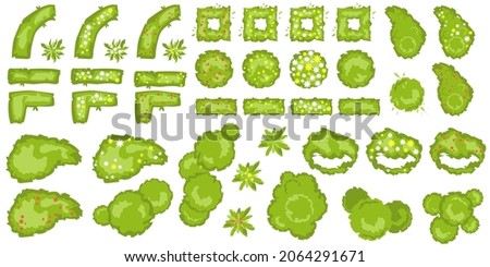 Trees, bushes and hedge top view for architectural and landscape design. Different colored blooming plants and trees vector set. Graphic, isolated. Vector. Elements for design projects. Green spaces Royalty-Free Stock Photo #2064291671