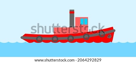 Red tugboat on blue background. Vector image.