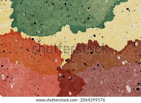 Watercolour hand paint with multicolour in yellow, orange, browm and green with random splashing in black and white, Colourful abstract rough design for wall background or backdrop banner