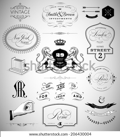 Vector Set: Calligraphic Design Elements, Page Decoration,  Vintage Crests and Emblems, Ribbons, Labels and Cities Lettering