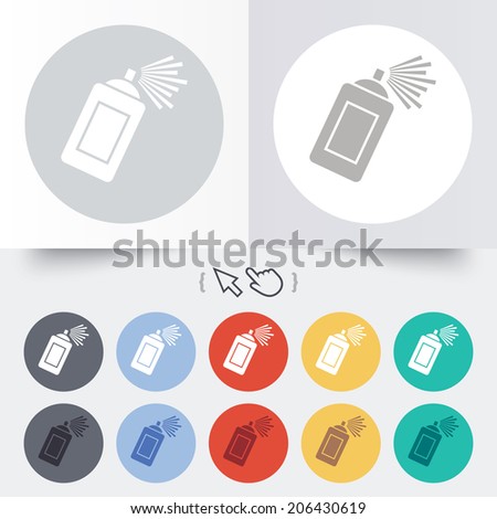 Graffiti spray can sign icon. Aerosol paint symbol. Round 12 circle buttons. Shadow. Hand cursor pointer. Vector