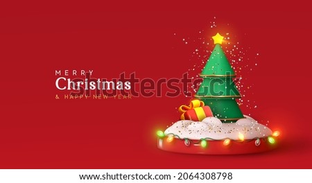 Happy New Year background. Green Christmas tree with star and box of gifts strewn with snow on red round studio podium, realistic 3d decorative garland glow. Xmas Decorations. Vector illustration Royalty-Free Stock Photo #2064308798