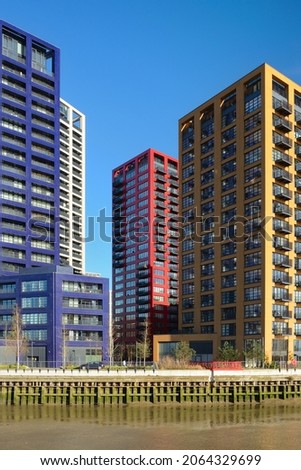 Colourful towers in London City Island residential development in the Leamouth Peninsula, London, UK Royalty-Free Stock Photo #2064329699
