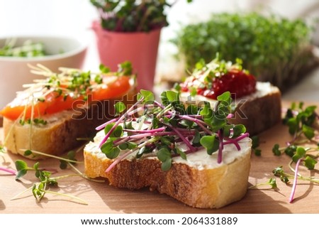 Toasts with microgreens on the table. Healthy food, vegan food and dieting concept. Royalty-Free Stock Photo #2064331889