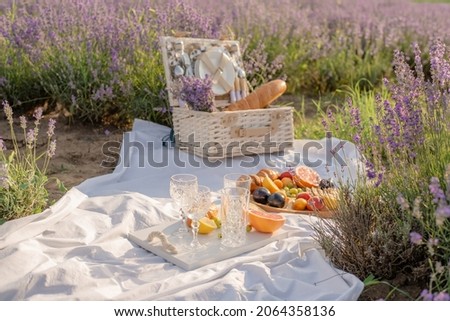 Picnic in the lavender field at sunset. Vacation and travel concept Blanket, fruits, cheese and nuts for a picnic. Family vacation concept.
