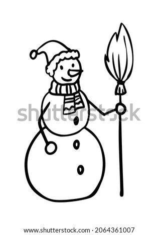 Doodle snowman with a broom. Black and white vector illustration on isolated background.