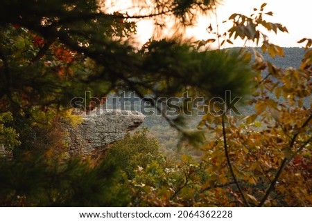 View of Hawkbill Crag (Whitaker Point) in the Ozark National Forest near the Buffalo National River before sunrise. Royalty-Free Stock Photo #2064362228