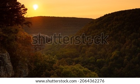 View of Hawkbill Crag (Whitaker Point) in the Ozark National Forest near the Buffalo National River at sunrise. Royalty-Free Stock Photo #2064362276