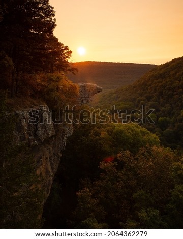 View of Hawkbill Crag (Whitaker Point) in the Ozark National Forest near the Buffalo National River at sunrise. Royalty-Free Stock Photo #2064362279