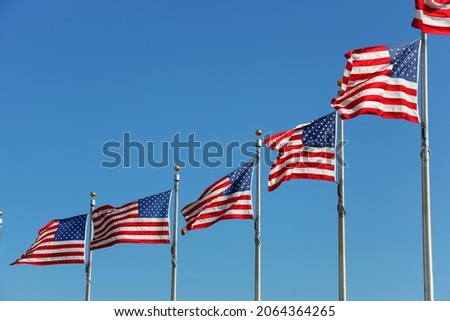USA Flags at the Washington Monument blowing in the wind