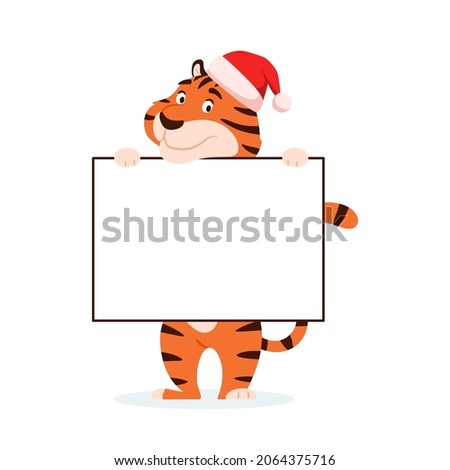 Cute cartoon tiger in Santa hat with banner, blank text space isolated on white background. Adorable happy holiday striped wildcat. Smiling Chinese New Year 2022 symbol. Animal illustration.