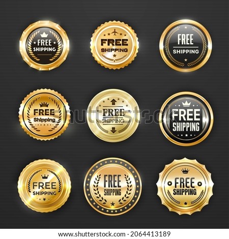 Free shipping and delivery golden labels, seal, medal badges with laurel wreaths and crowns. Sale or discount offer promotion, service warranty, premium quality guarantee vector stamp, emblem or seal