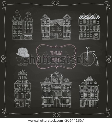 Vintage Old Styled Hand Drawn Doodle Houses Icon Set. Chalk Drawing. Vector Illustration.